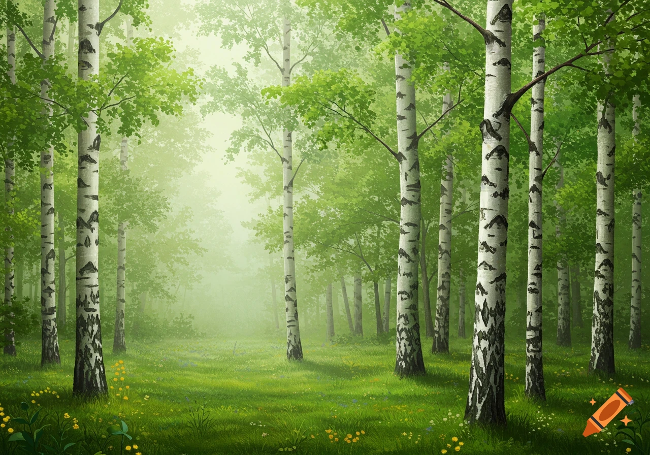 Painting of a sunlit forest scene with birch trees and green grass.