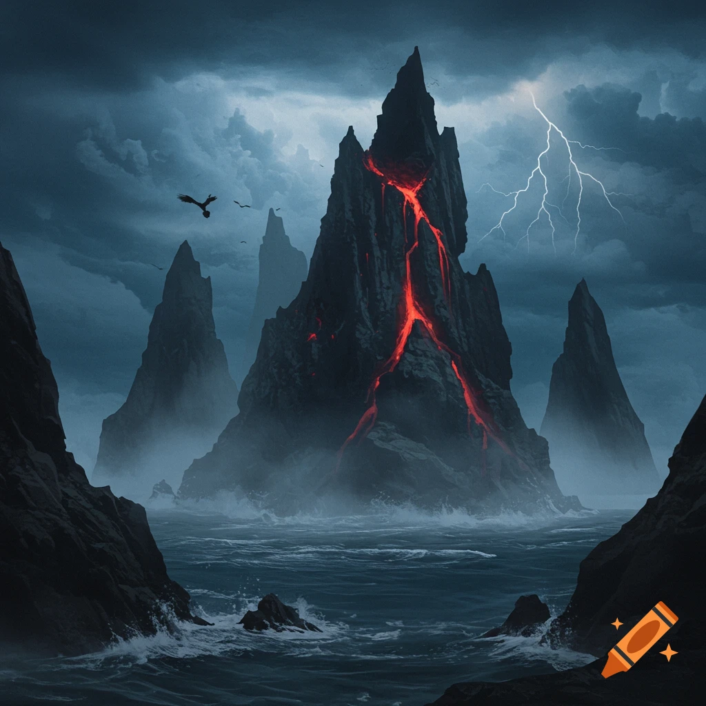 Dark fantasy landscape featuring a volcanic island erupting with lava under a stormy sky with lightning and dark water.