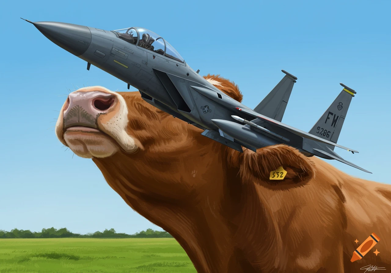 A digital painting of an F-15 jet plane flying out of a cow's mouth in a field.