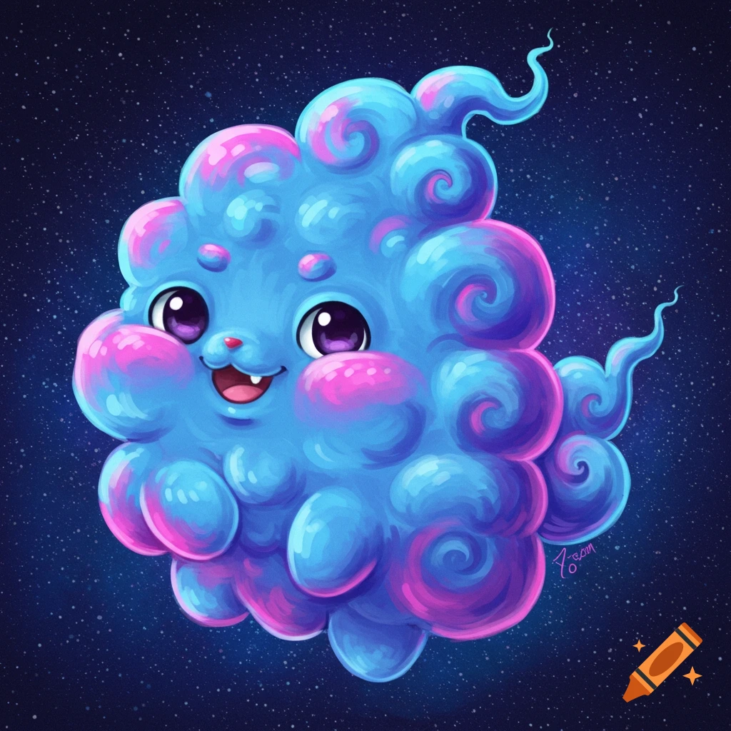 A cute, fluffy blue and pink cartoon creature floats in a starry space background.