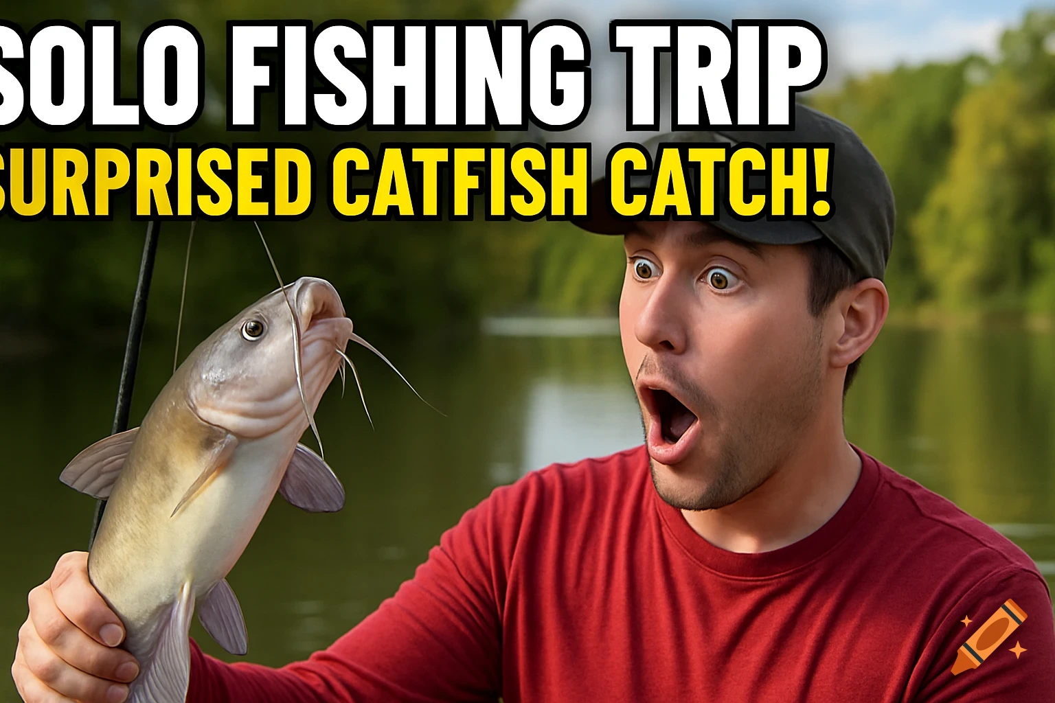 A man with a surprised expression holds up a freshly caught catfish by a lake