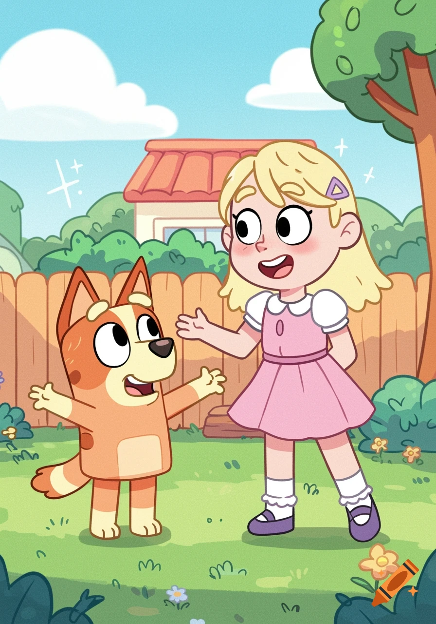 Cartoon illustration of Bingo the dog and a girl in a pink dress standing in a sunny backyard.