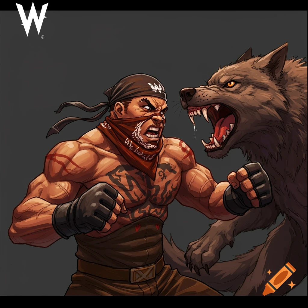 Stylized illustration of a muscular fighter in a bandana facing a snarling wolf.
