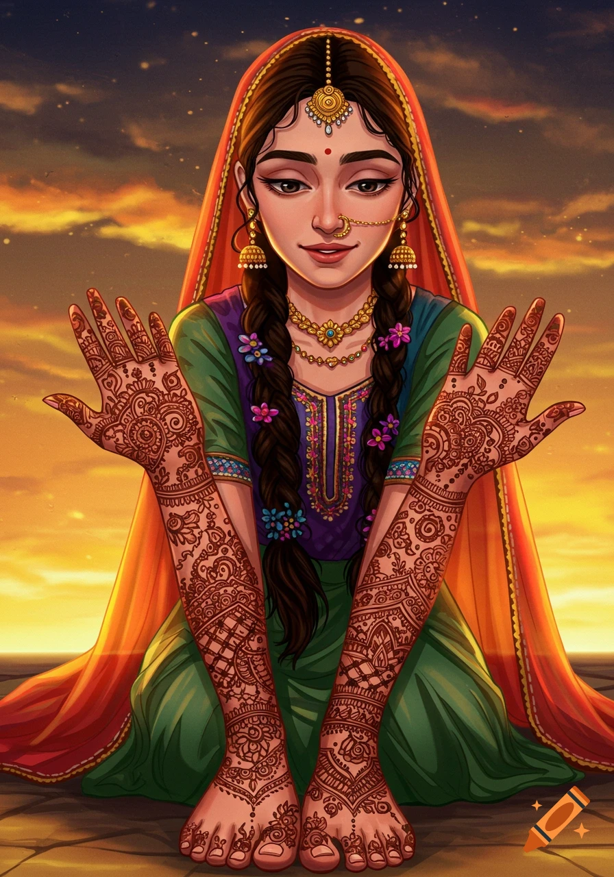 An illustration of a woman with elaborate henna on her hands and feet, wearing traditional Indian clothing against a sunset background.