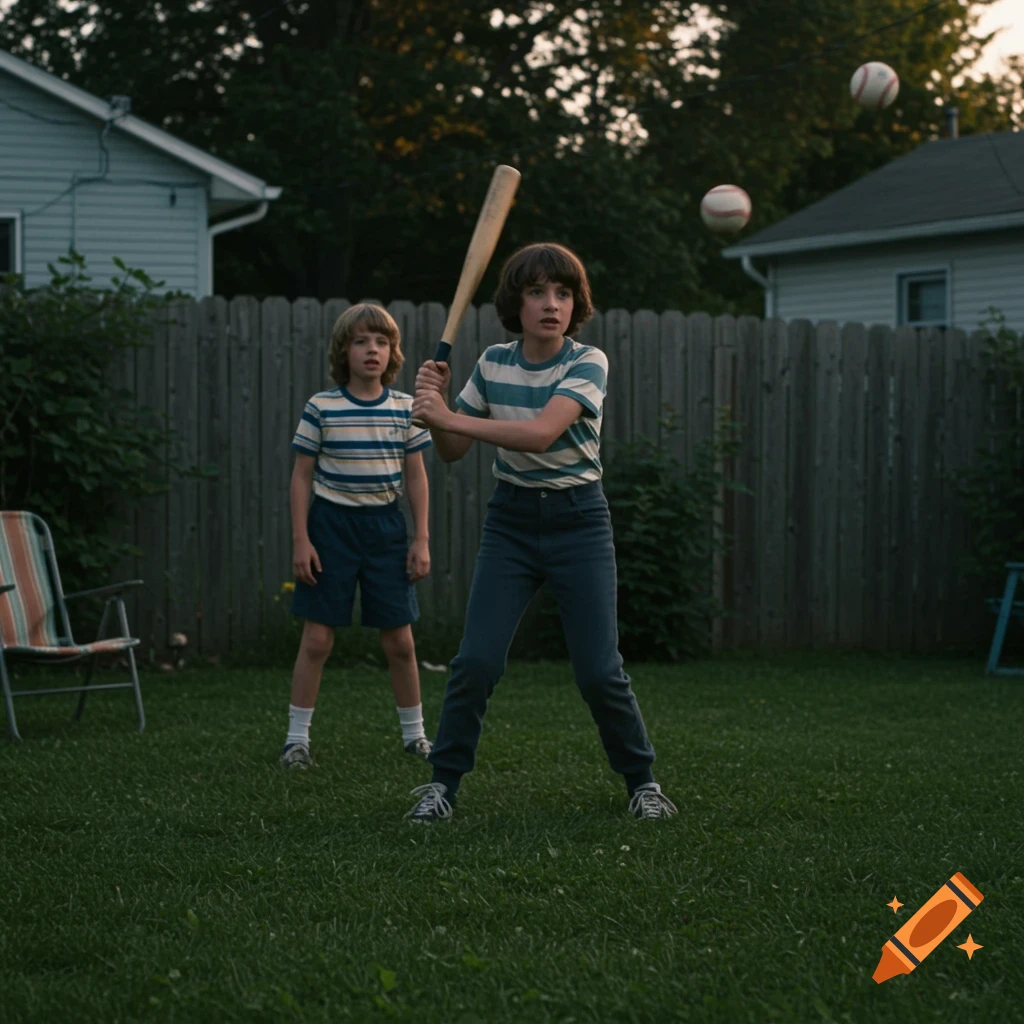 Two boys playing baseball in a backyard with a fence and house in the background. Photorealistic style.