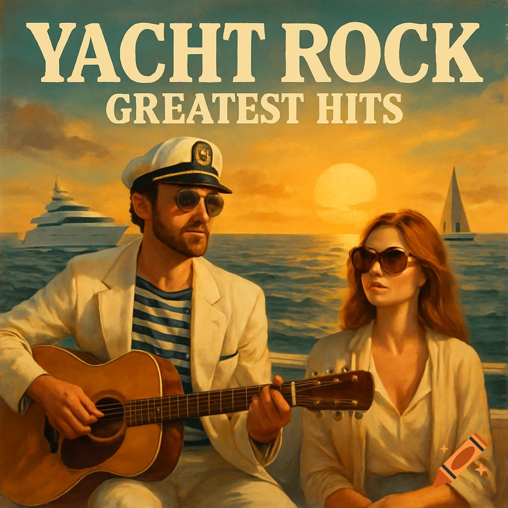 Album cover with man and woman on a boat playing guitar at sunset, 'YACHT ROCK GREATEST HITS' text above, nautical scene.