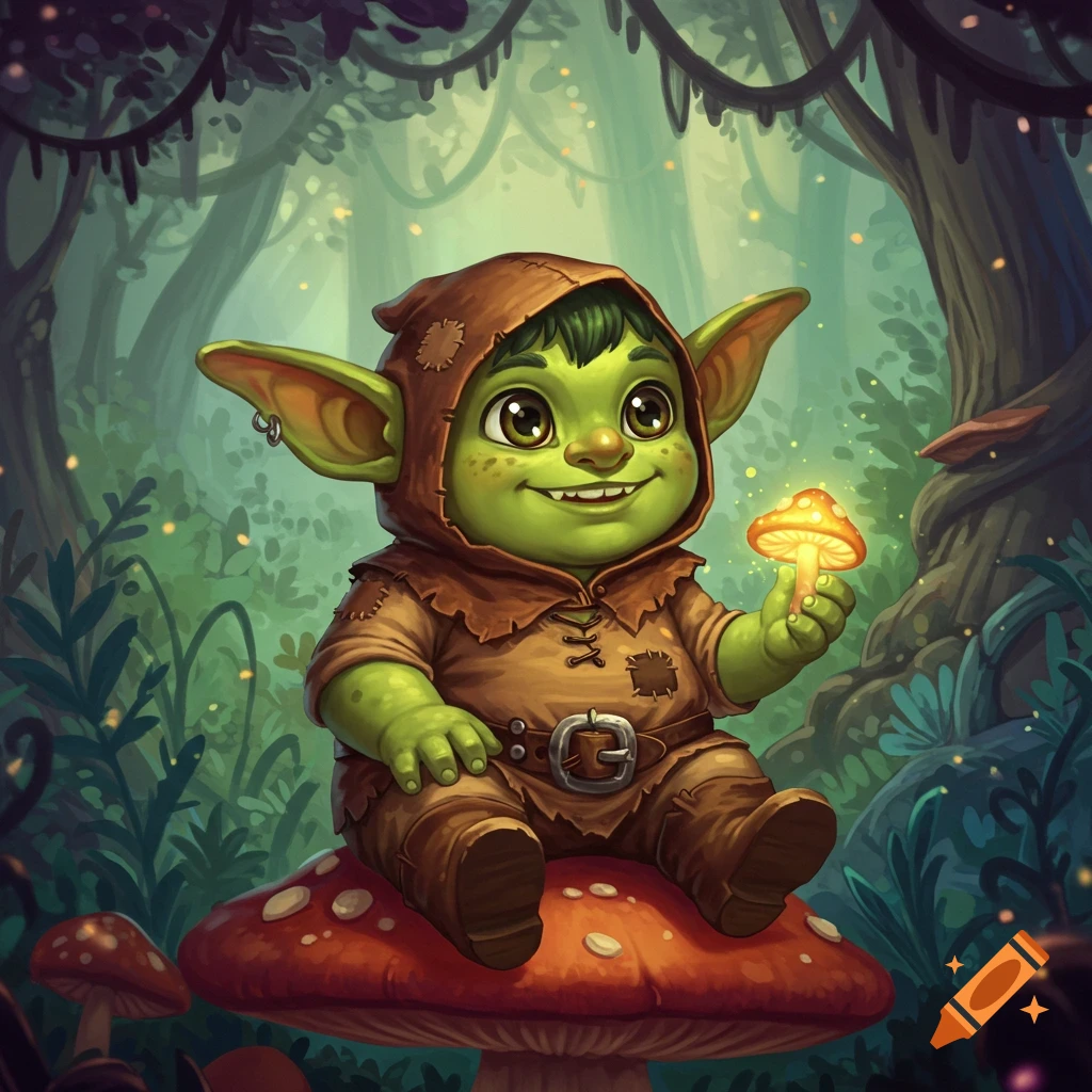 A cute cartoon green goblin with big eyes sits on a large red mushroom in a forest, holding a glowing mushroom.