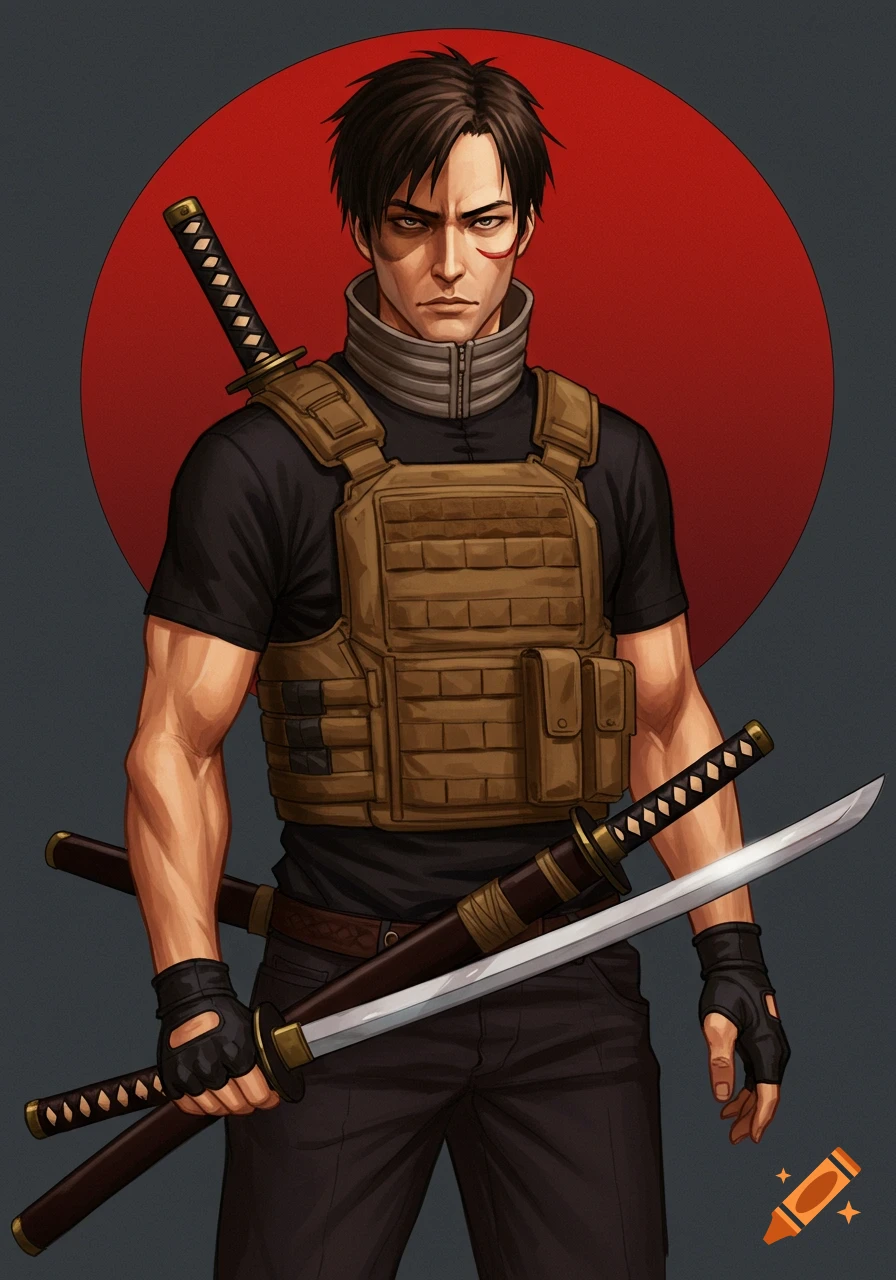 A character illustration of a man with samurai swords and tactical gear against a red circle.