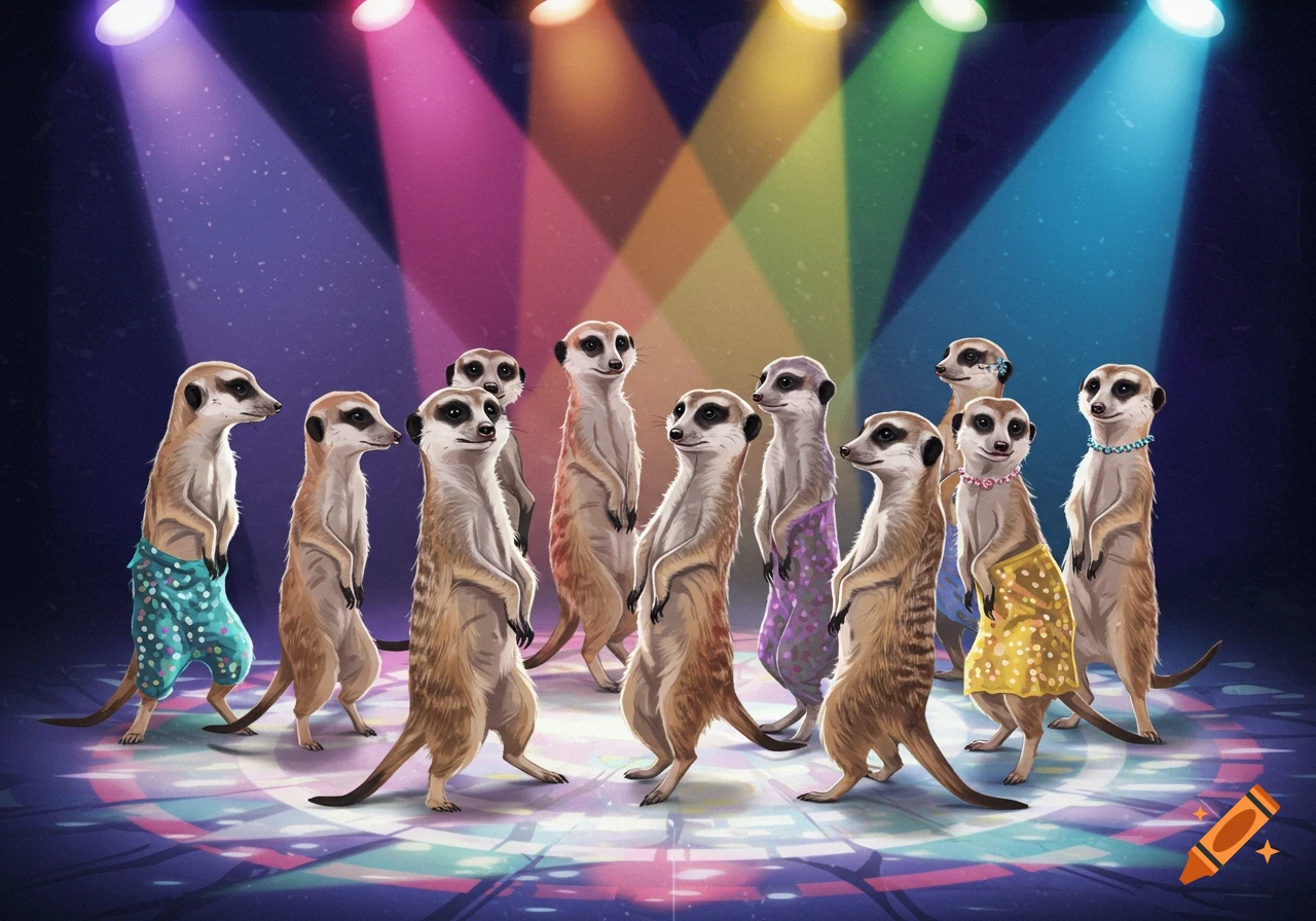 Meerkats dance on a colorful disco floor under spotlights.