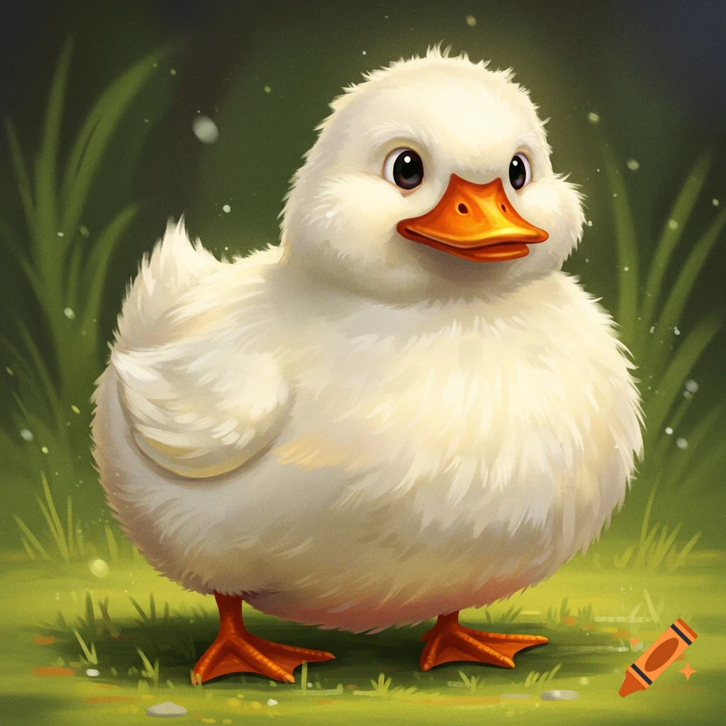 A fluffy white duckling stands in green grass.