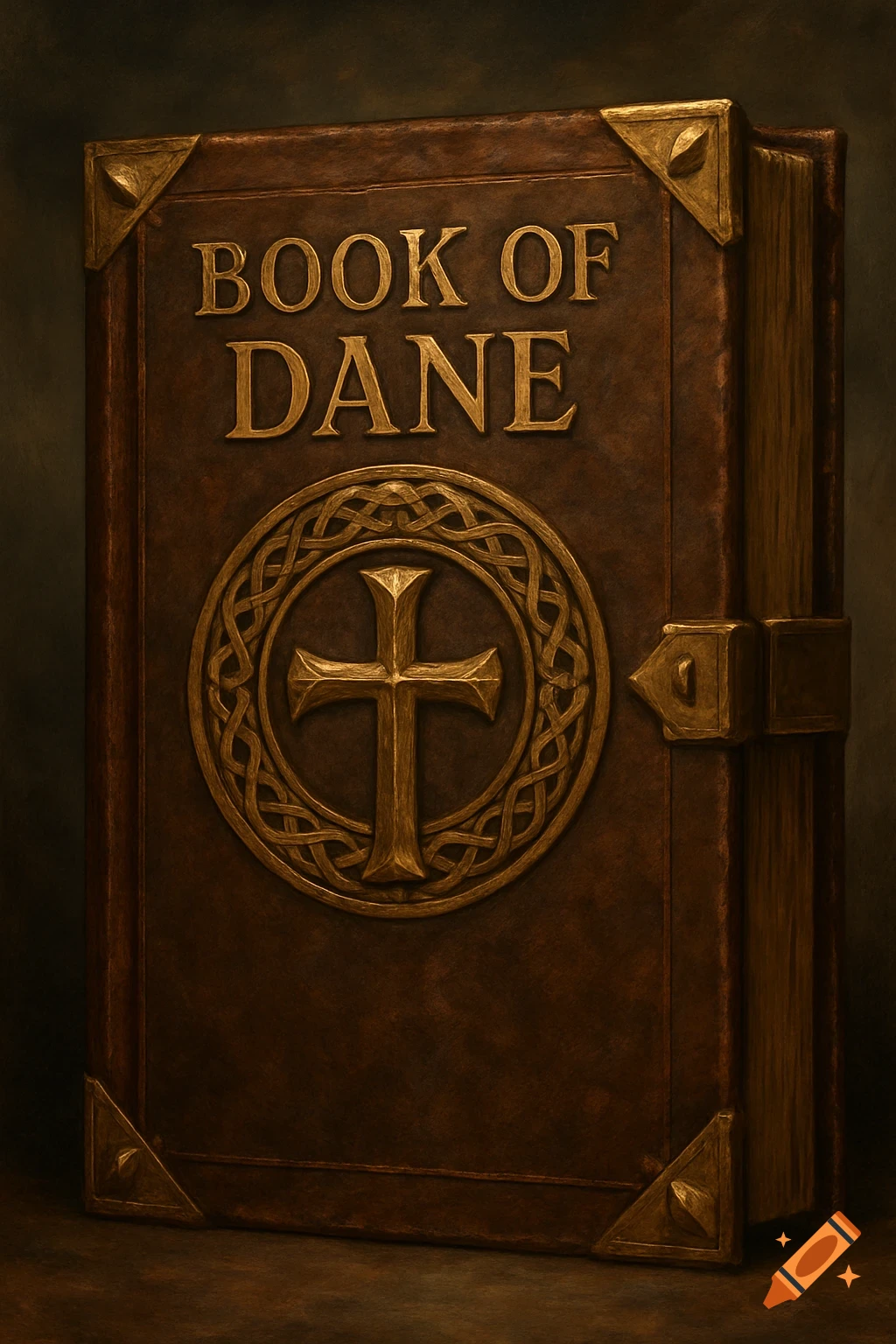 Close-up of an old, dark leather book titled 'BOOK OF DANE' with gold embossed text and a Celtic cross symbol.