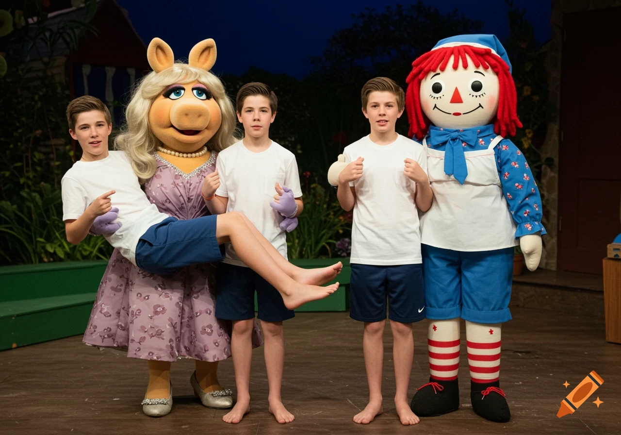 Miss Piggy and Raggedy Ann pose on a stage, each holding a teenage boy.