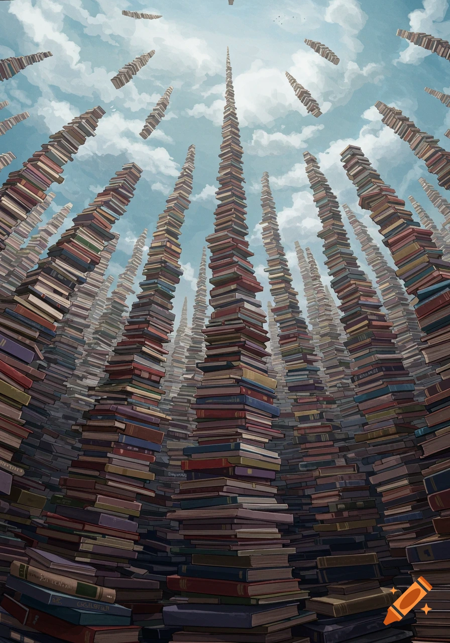 Surreal illustration of impossibly tall stacks of books reaching into a cloudy sky.