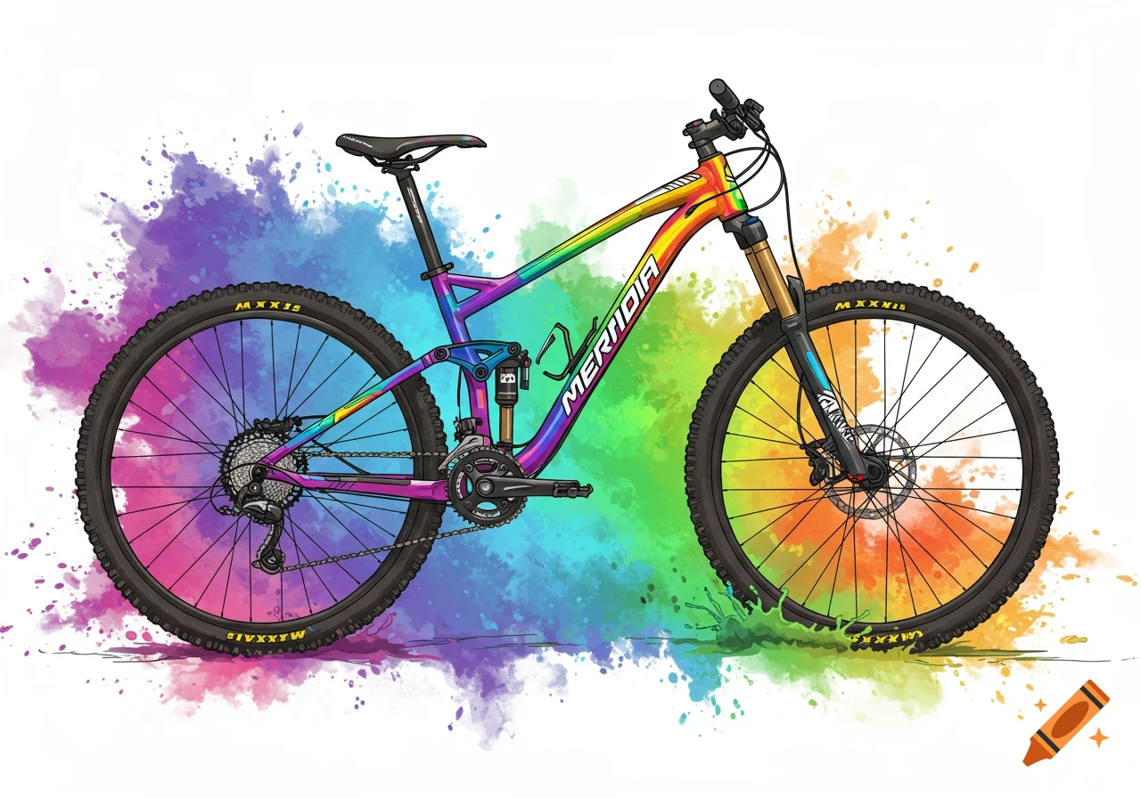 Illustration of a rainbow mountain bike surrounded by watercolor paint splashes.