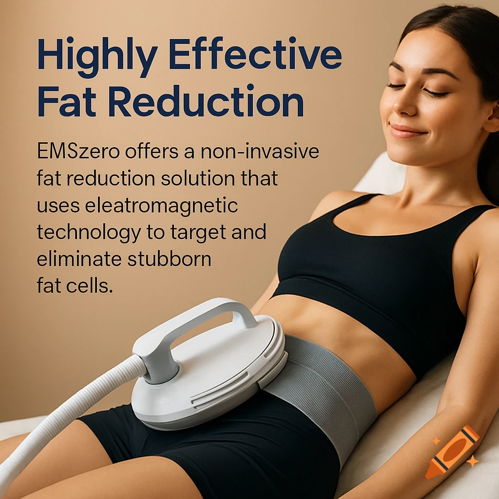 Woman receiving fat reduction treatment with text overlay