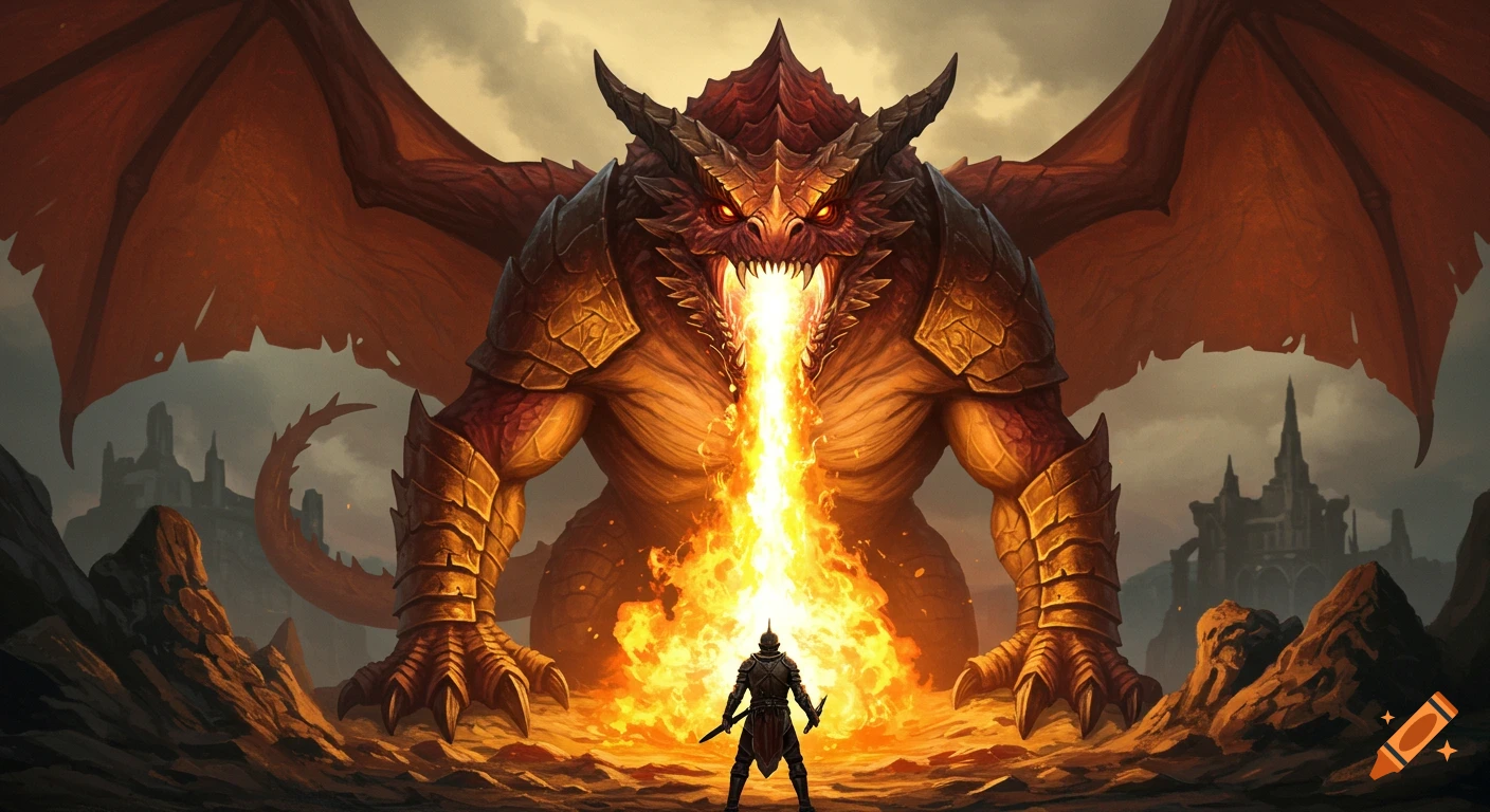 Epic digital art of a giant red dragon breathing fire at a lone knight.
