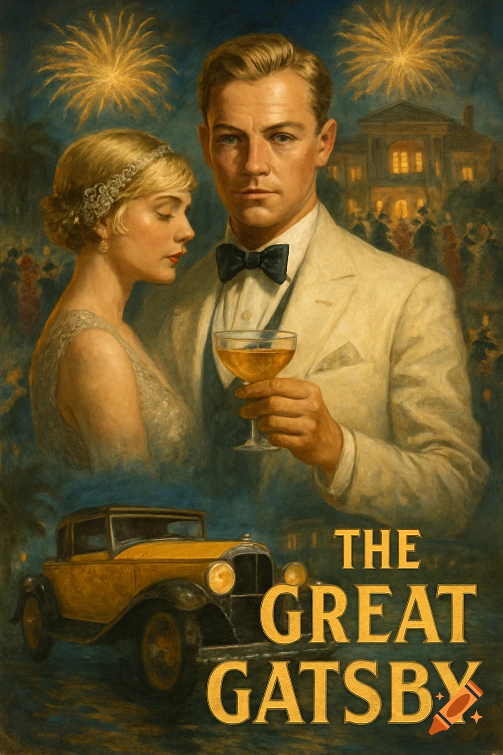 Illustration of a couple, classic car, and mansion, with title text 'The Great Gatsby'.