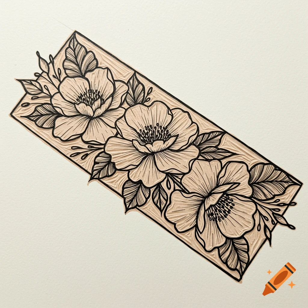 Lino print style floral design with three flowers and leaves.