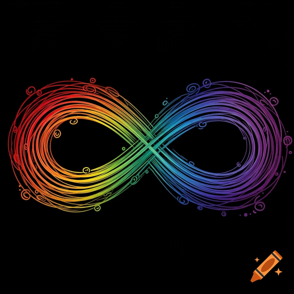 Rainbow colored infinity symbol illustration on a black background.
