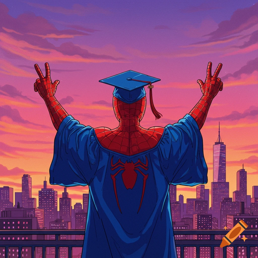 Spider-Man in graduation gown with peace signs, looking at a city skyline at sunset, comic art style.