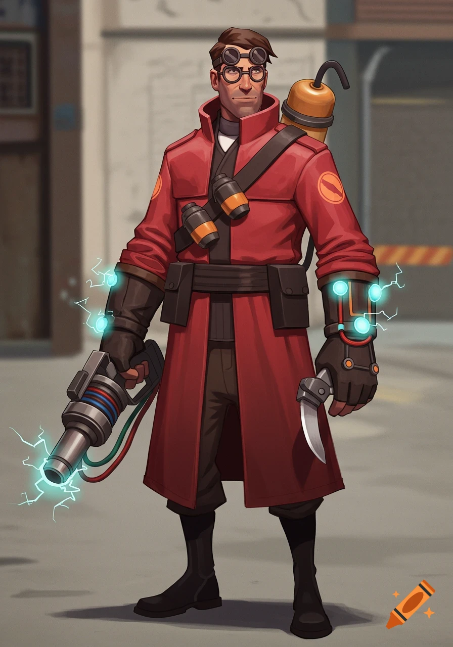 Stylized concept art of a man in a red trench coat, holding an electric weapon and knife.