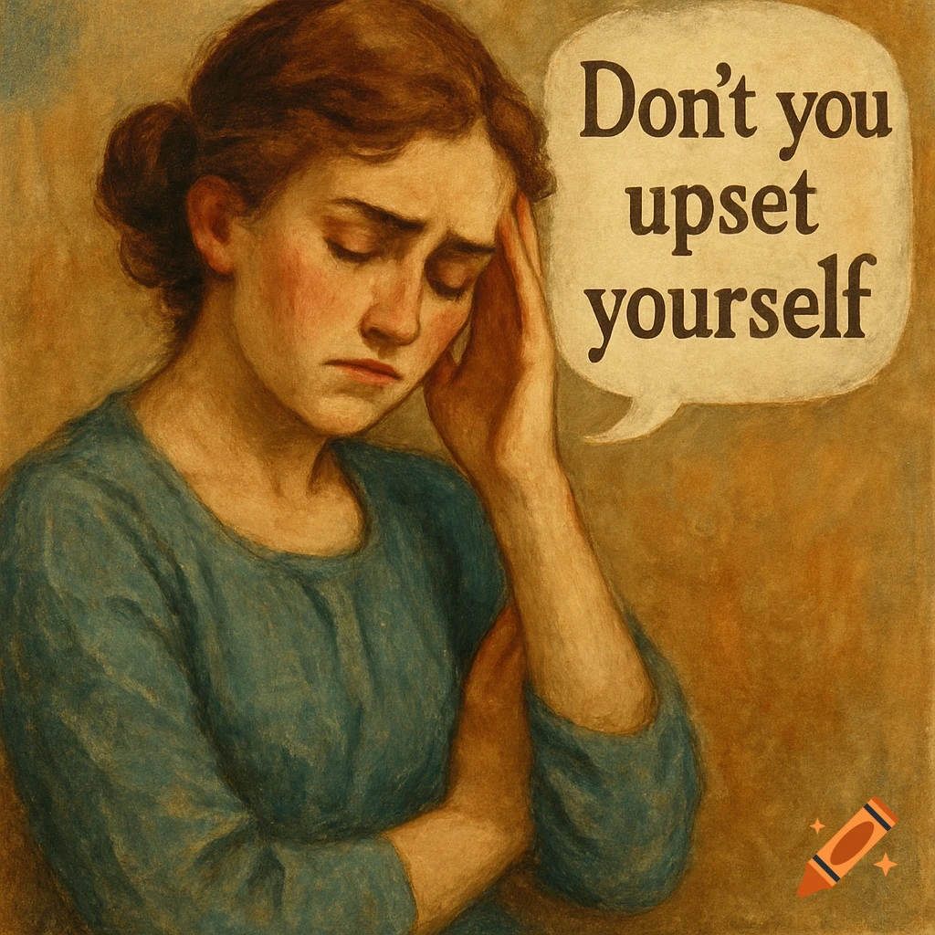 A painting of a distressed woman holding her head, with a speech bubble saying "Don't you upset yourself".