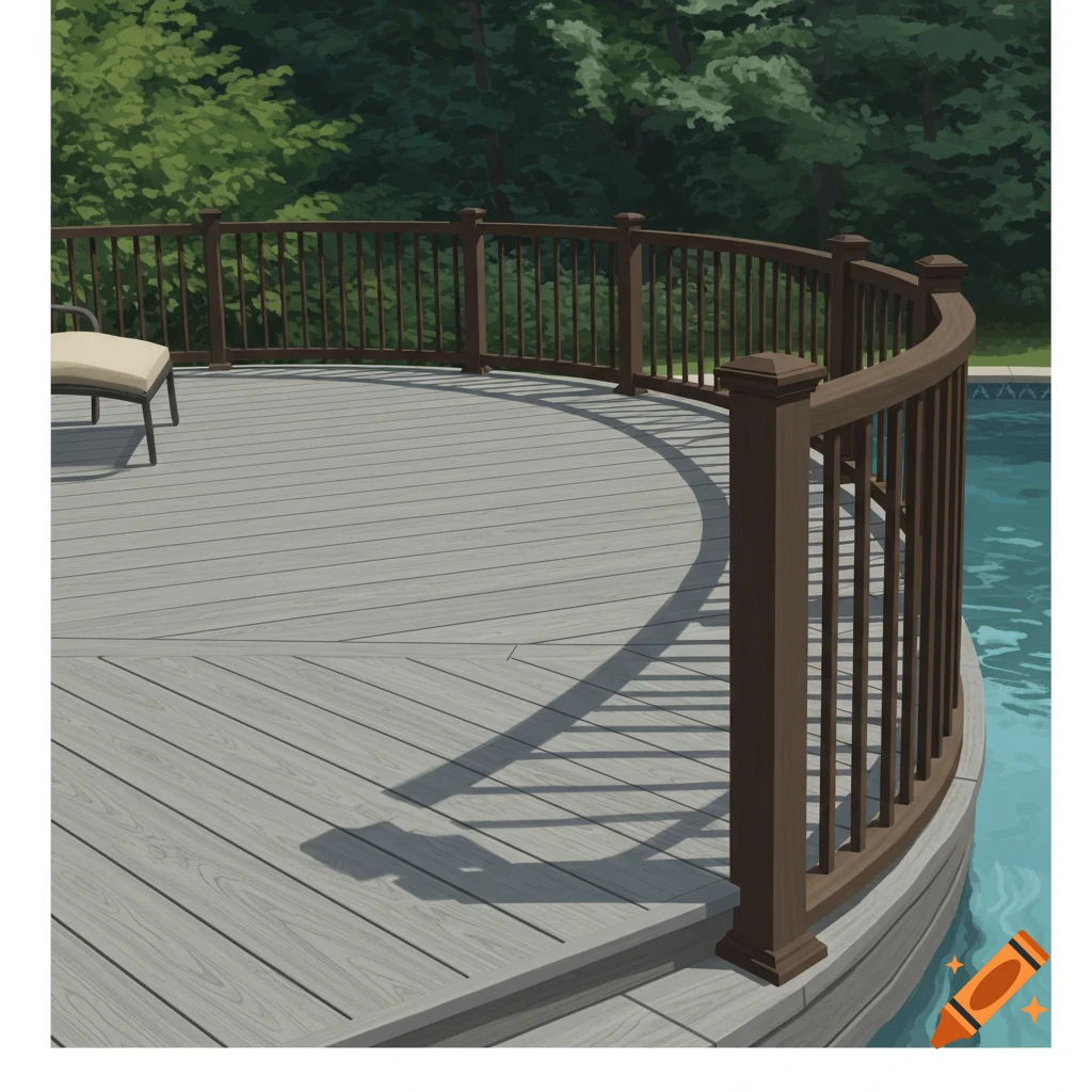 A curved deck with a railing next to a pool