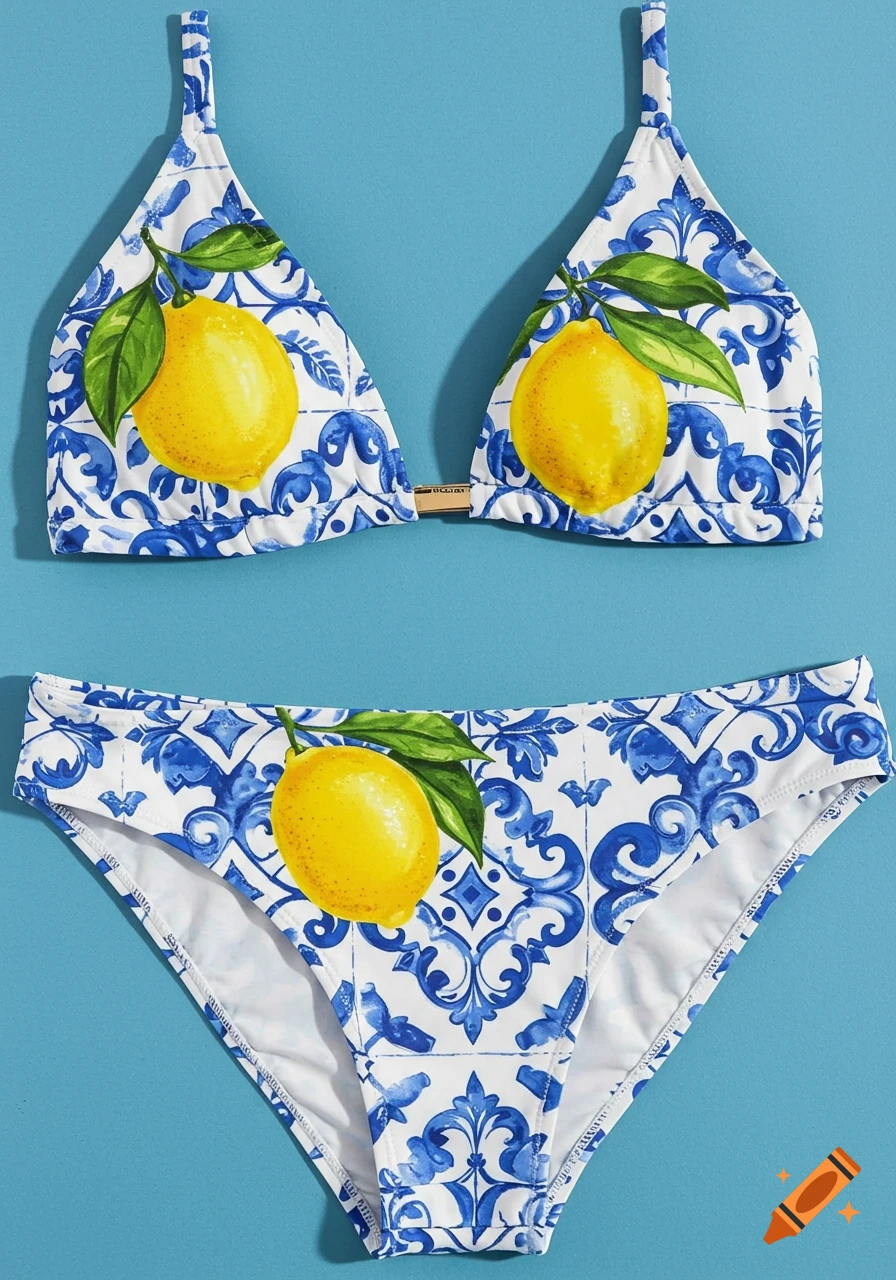 Bikini with blue and white tile pattern and lemons on a blue background