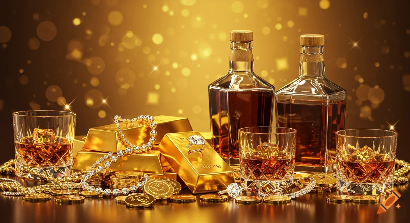 Luxurious still life with whiskey bottles, glasses, gold bars, coins, and jewelry against a golden bokeh background.