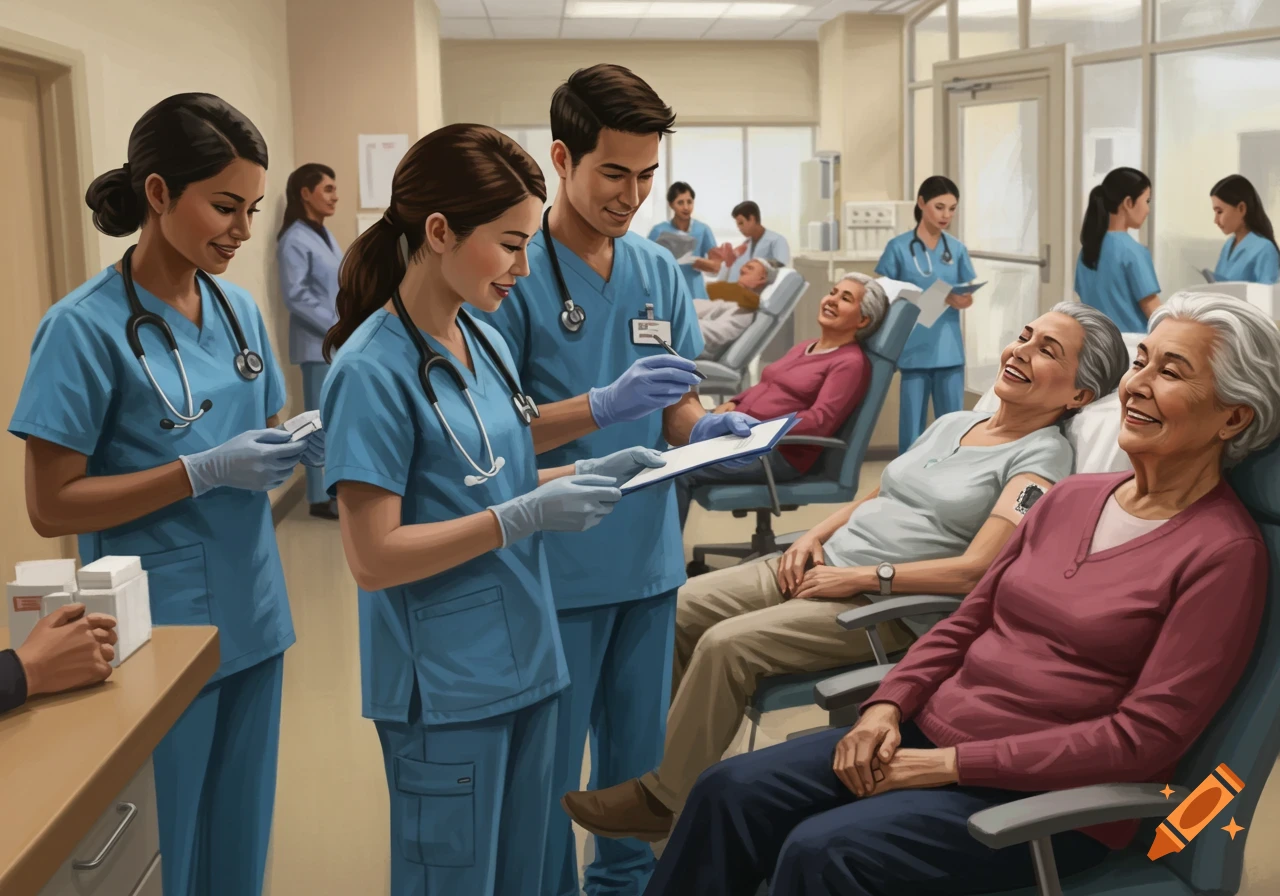 Physician associates in scrubs attending to smiling patients in a medical room.