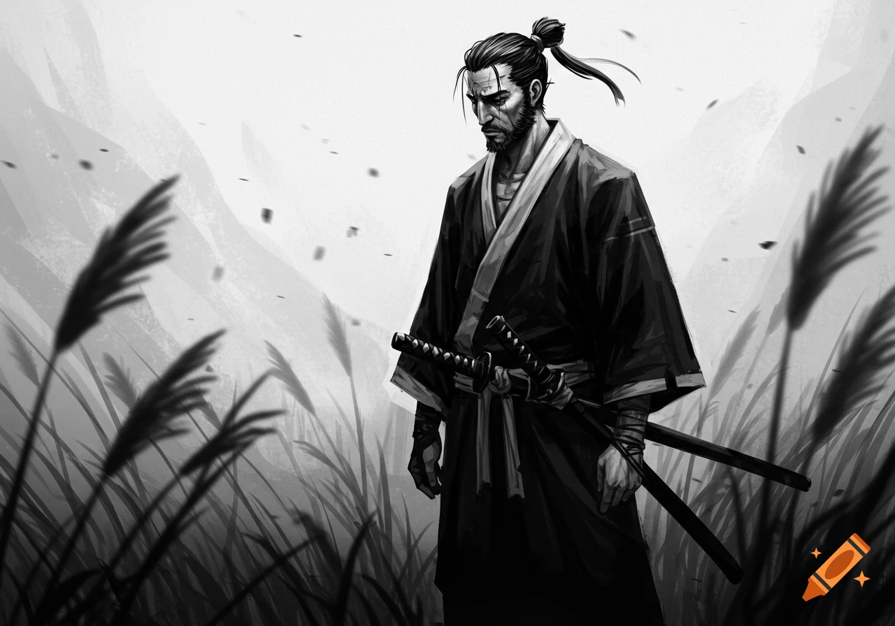 Black and white illustration of a lone samurai warrior standing in tall grass.