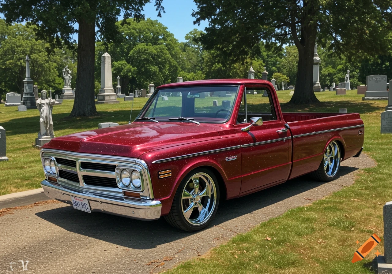 A red classic GMC pickup truck is parked on a road in a cemetery on a sunny day.