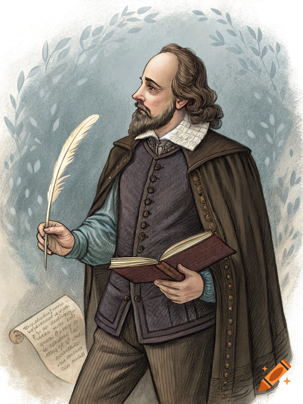 Illustration of William Shakespeare in historical clothes, holding a quill and book, with a scroll.