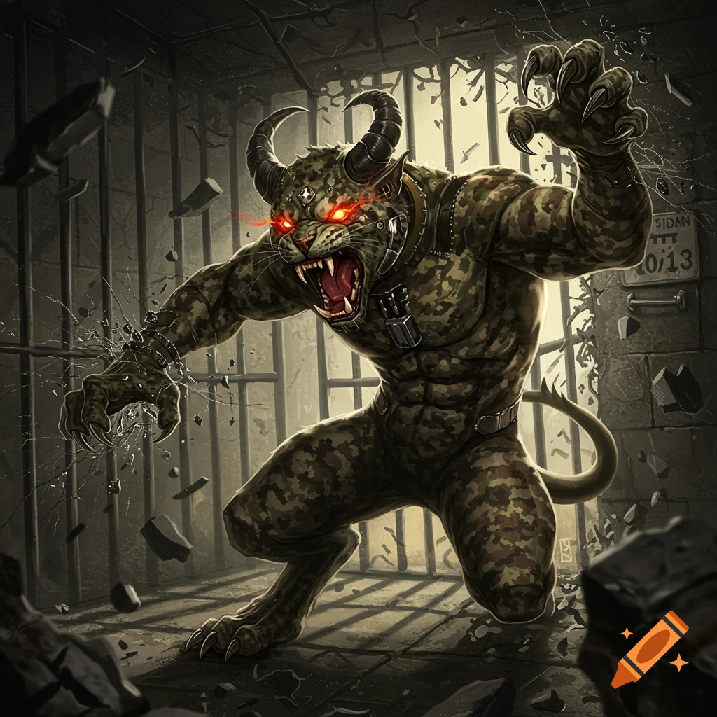 A monstrous creature in digital camouflage breaks out of a prison cell, red eyes glowing.