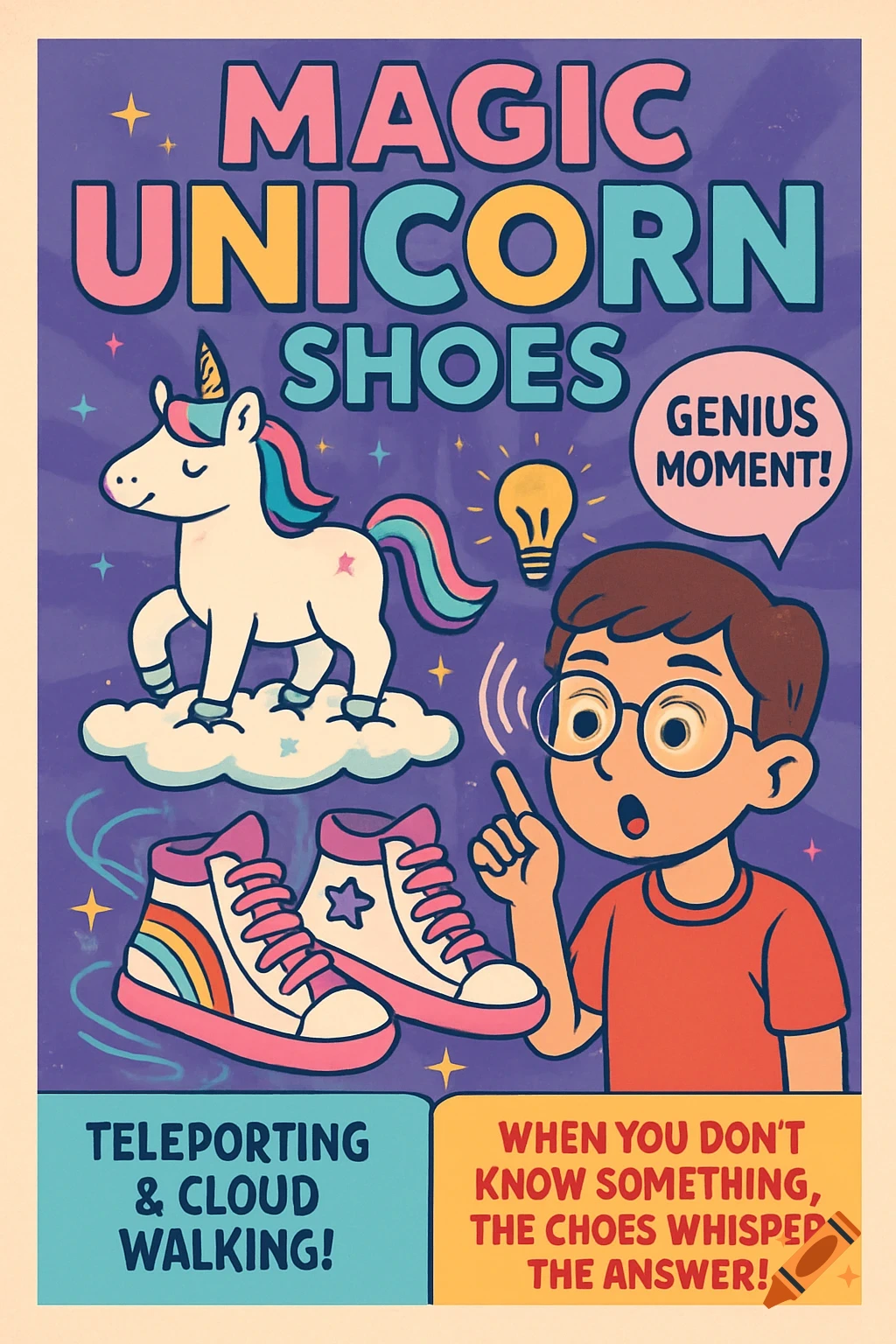 Cartoon poster featuring a unicorn, a boy, and rainbow sneakers advertising "Magic Unicorn Shoes" that teleport and cloud walk.