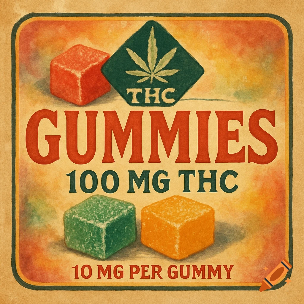 Illustration of a THC gummy label with text and images of gummies and a cannabis leaf.