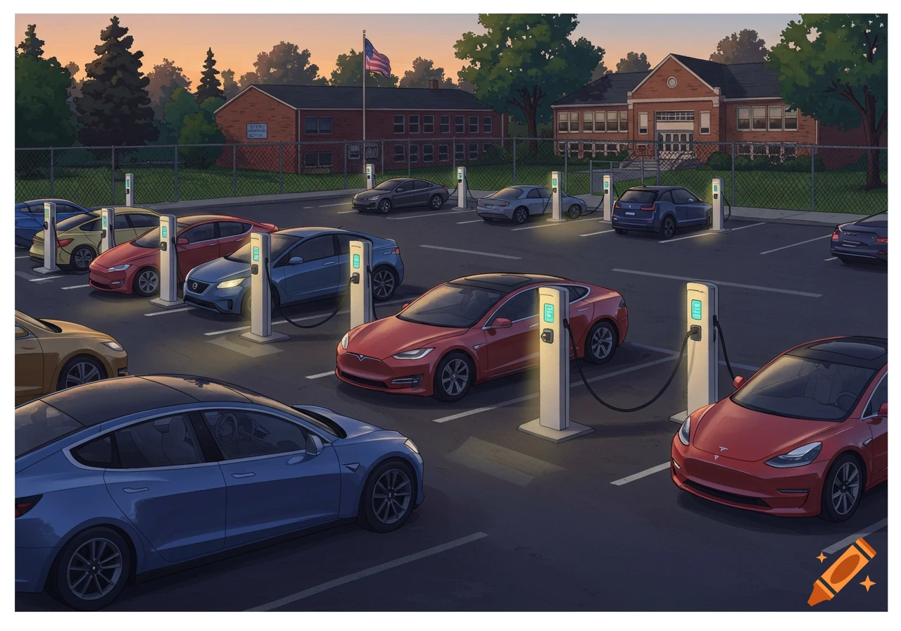 Illustration of electric cars charging in a school parking lot at sunset