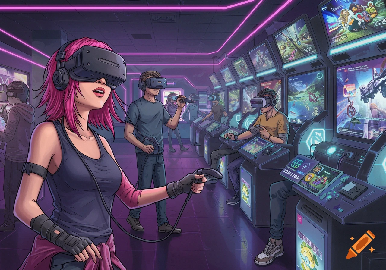 An illustration of people wearing VR headsets and playing games in a futuristic arcade lit by neon lights.