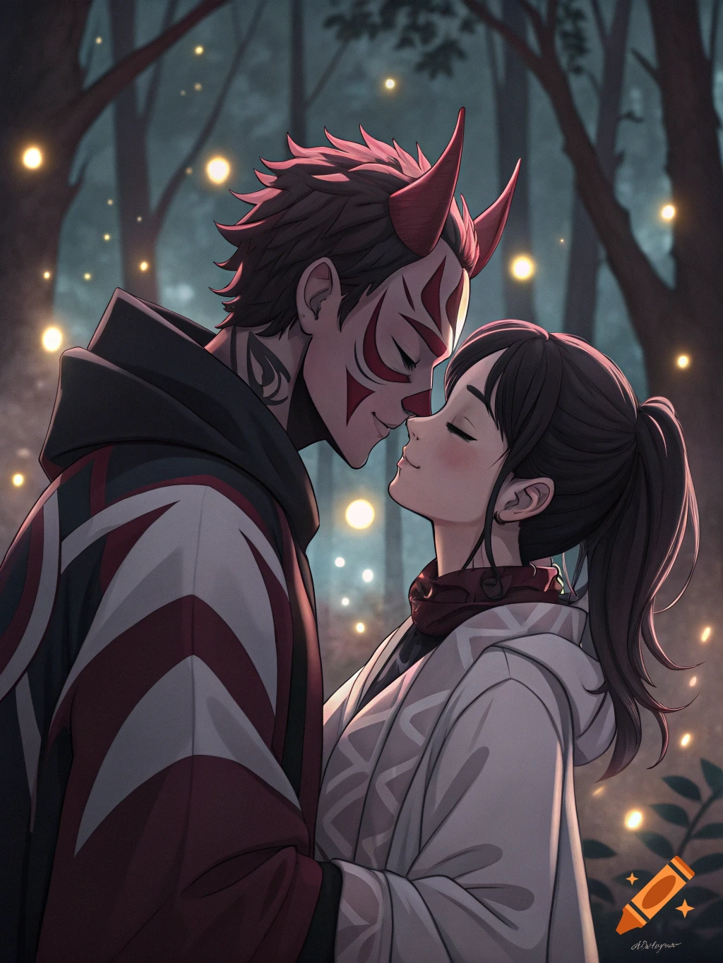 Anime style illustration of two characters, a horned man and a woman, about to kiss in a glowing forest