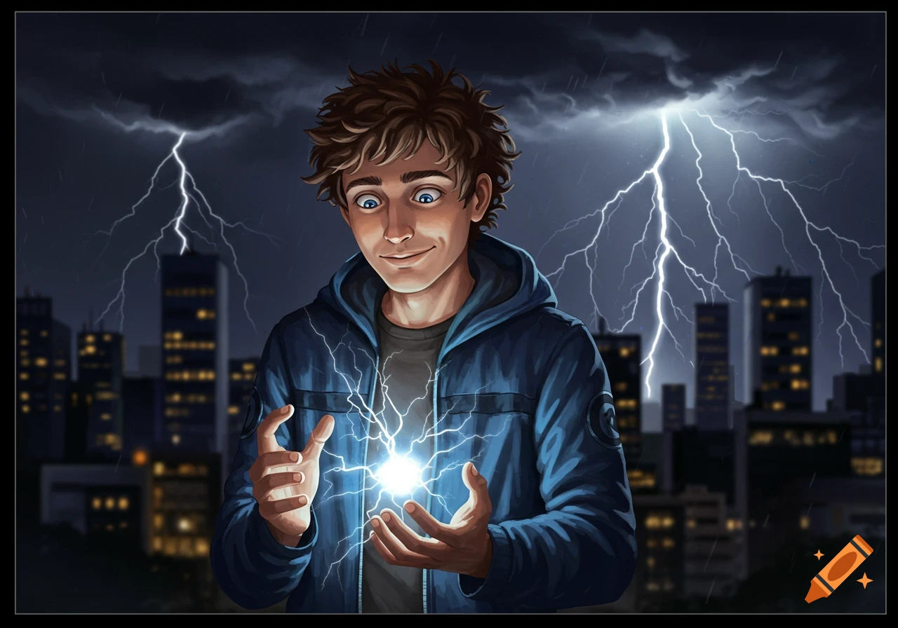 A young man holds a ball of lightning between his hands during a thunderstorm in a city.