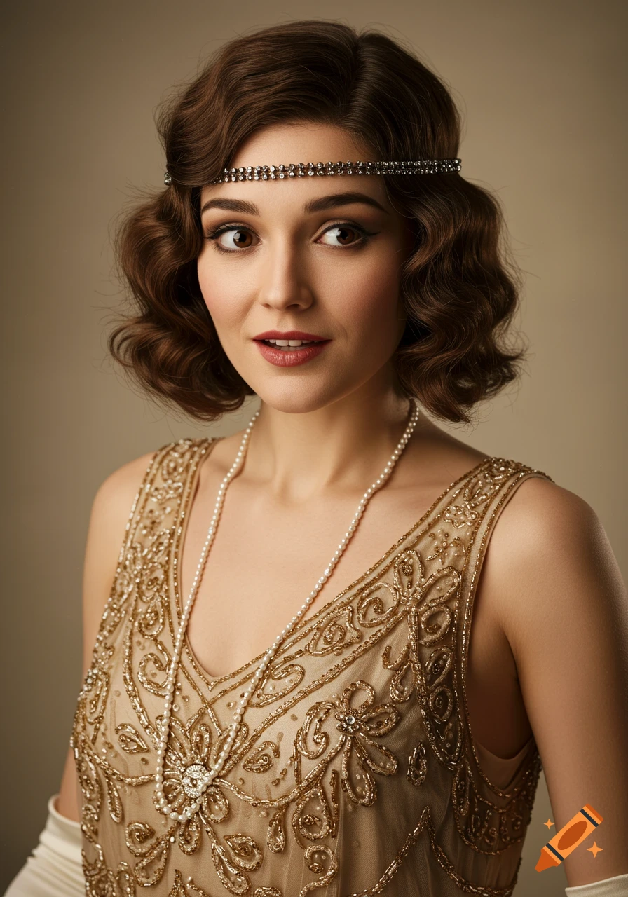 A woman in a vintage 1920s dress with a headband and pearls. Photorealistic portrait.
