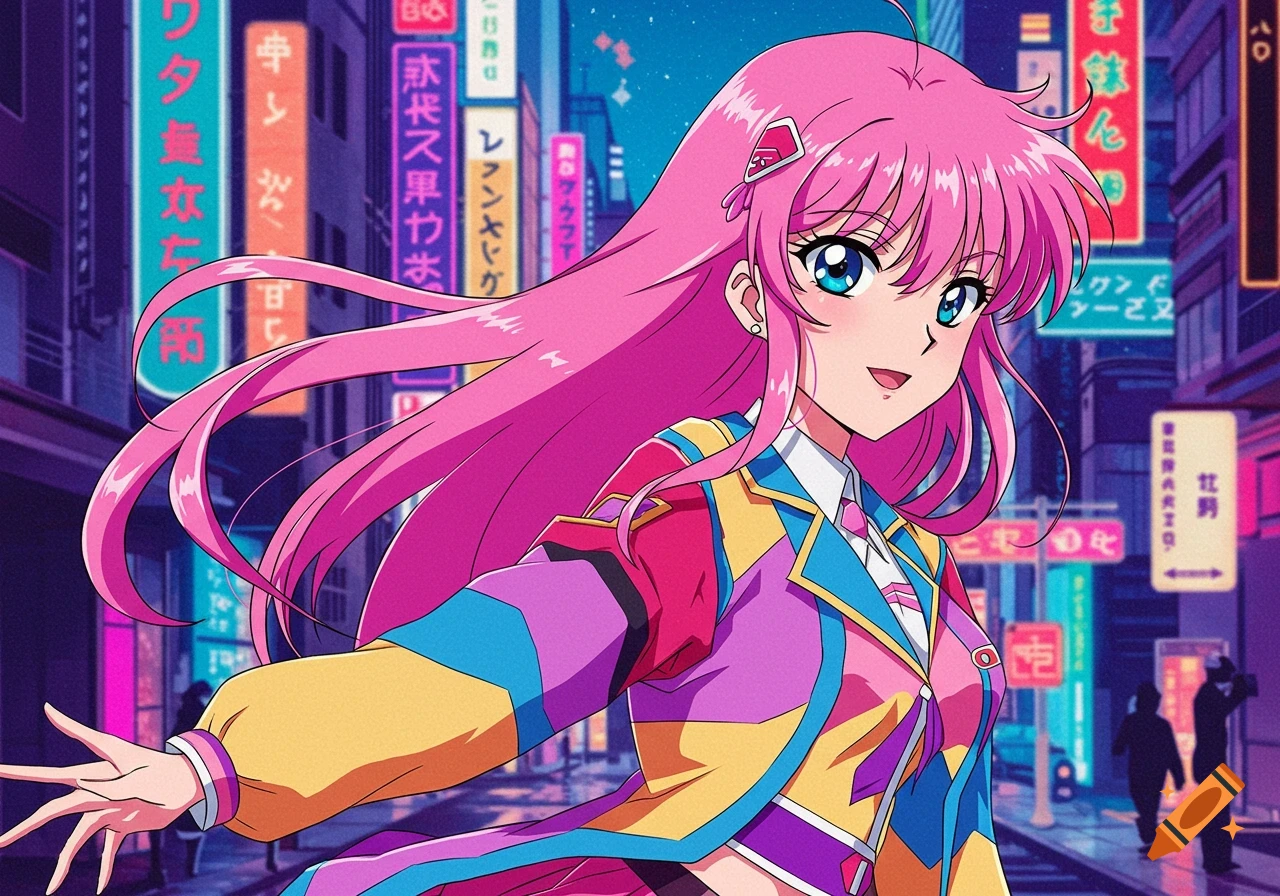 Anime girl with pink hair in colorful jacket in a neon lit city