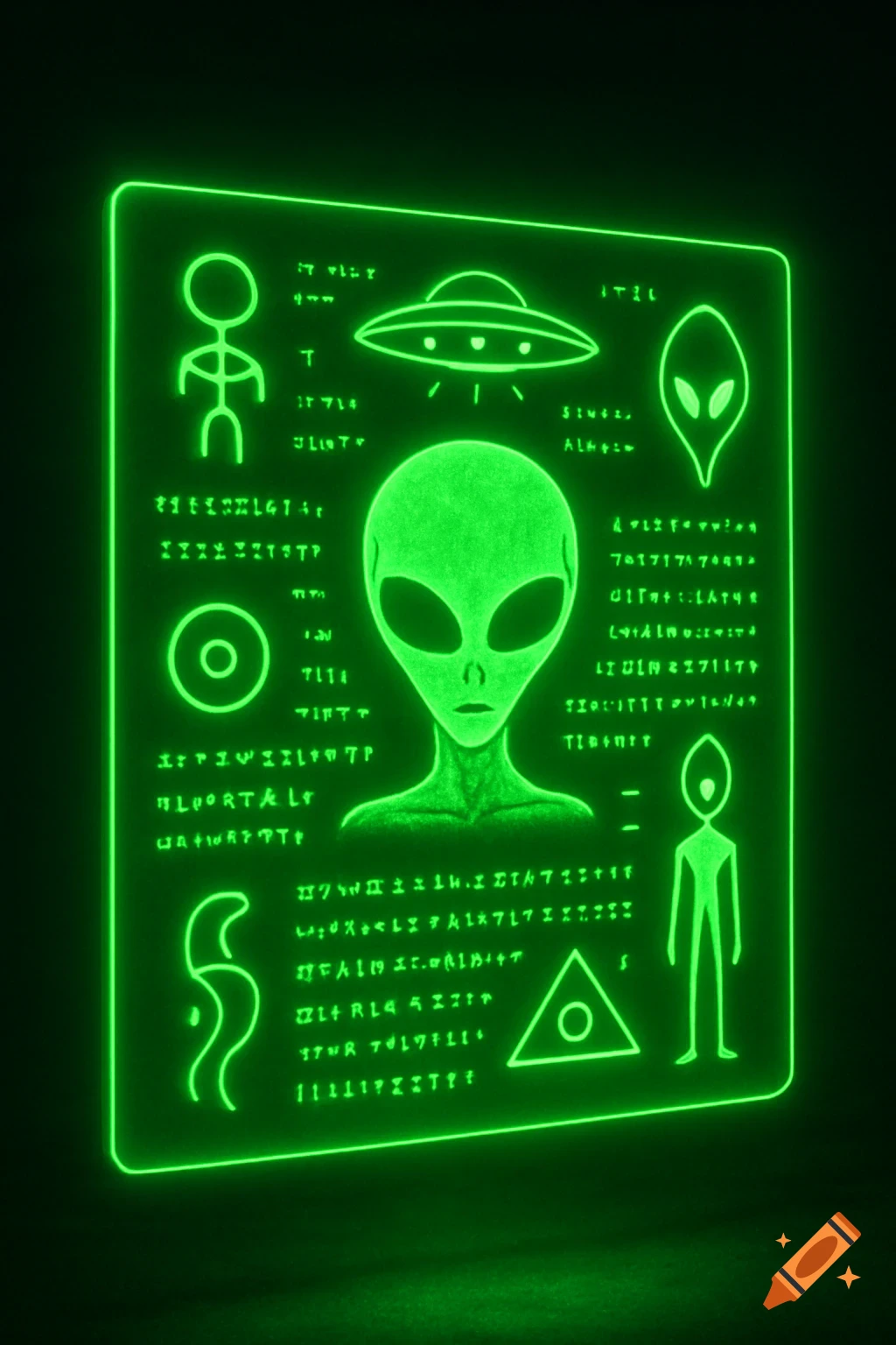 Glowing green display with alien figures, UFO, and symbols on a dark background.