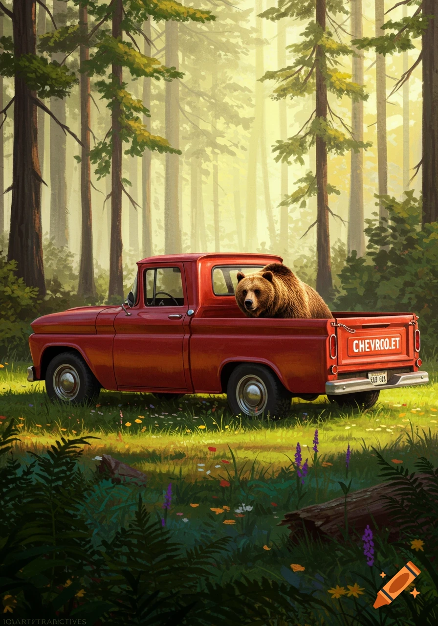 A brown bear sits in the back of a red pickup truck in a sunny forest clearing.