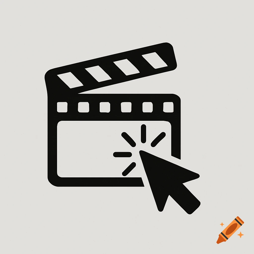 Black icon of a computer cursor clicking a movie clapperboard
