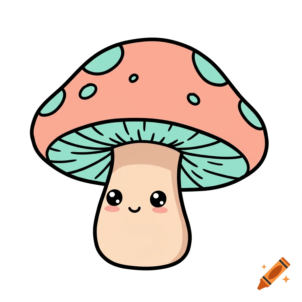 A cute kawaii cartoon mushroom illustration with a pink cap, teal gills, and a face, on a white background.