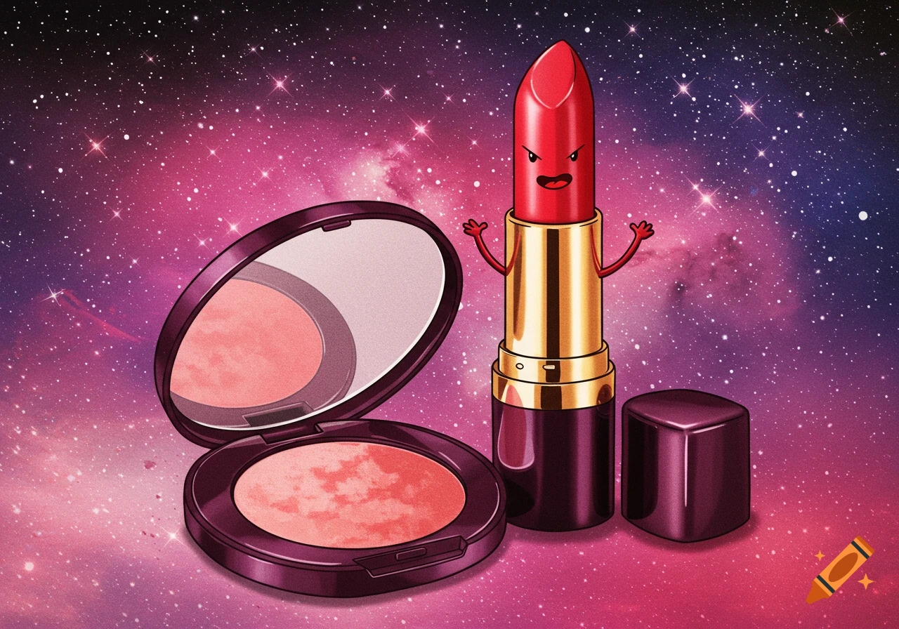 Illustration of a cartoon lipstick character standing next to a makeup compact in space.