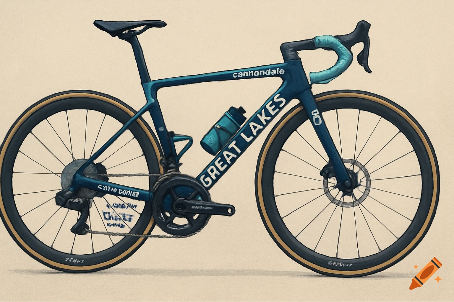 An illustration of a blue racing bicycle with "GREAT LAKES" and "cannondale" text on the frame, shown from the side.