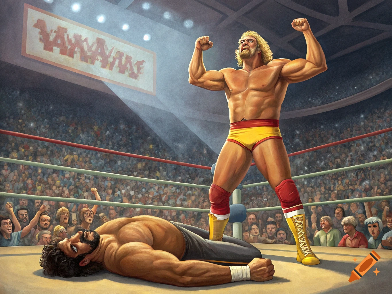 Muscular wrestler poses over defeated opponent in a packed arena.