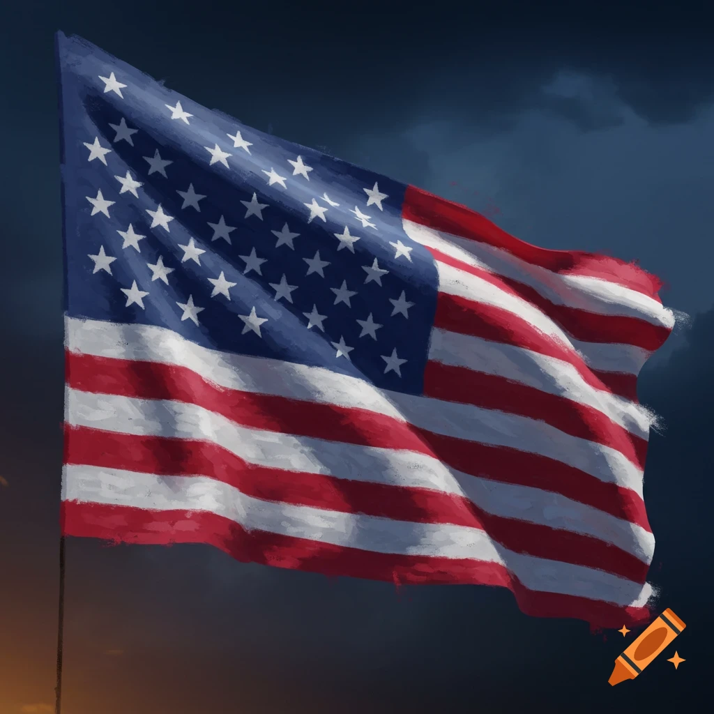 An American flag waves against a dark, cloudy sky in a painted style.